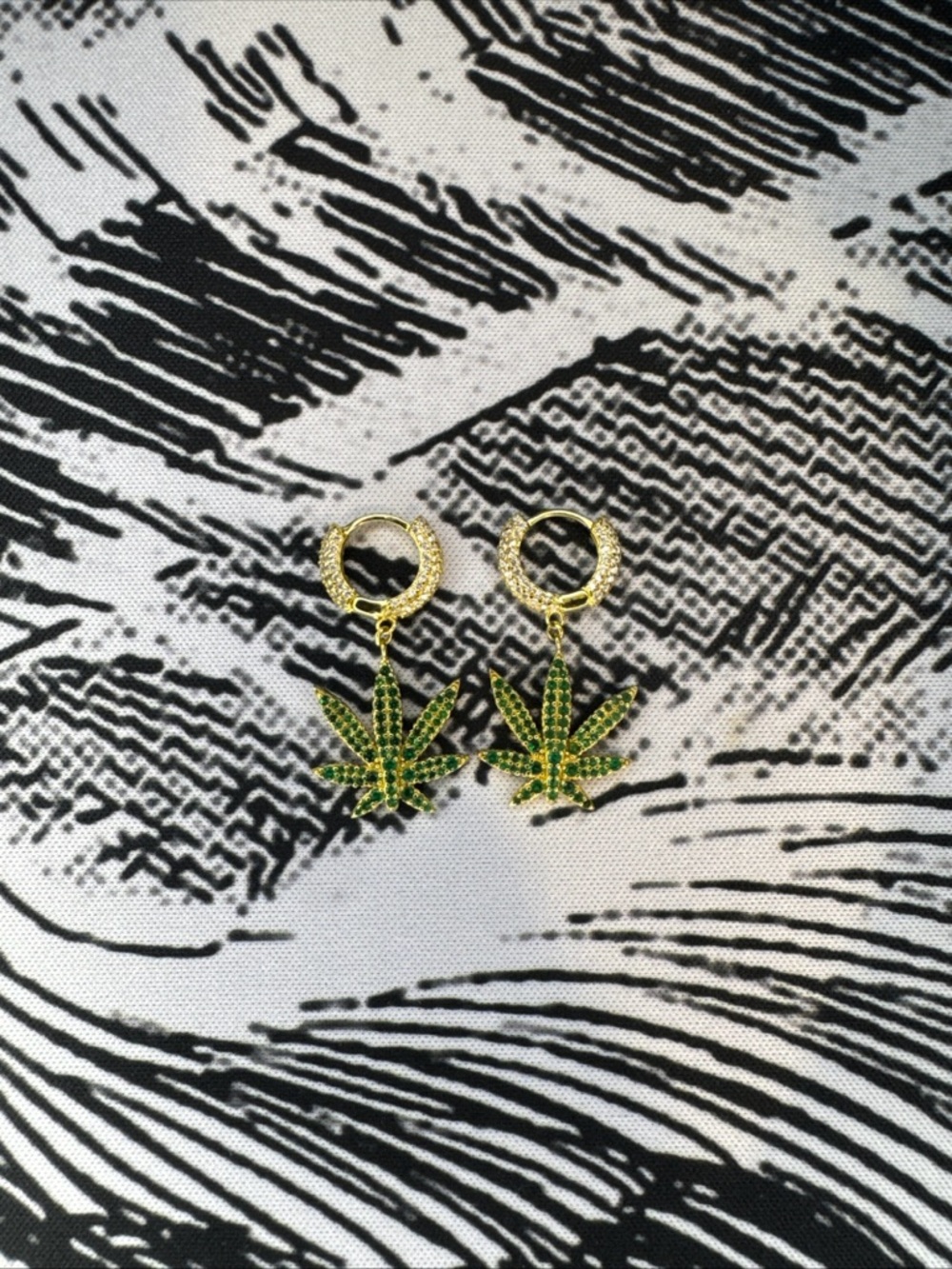 Gold Hoop Earrings with Green Leaf Charm
